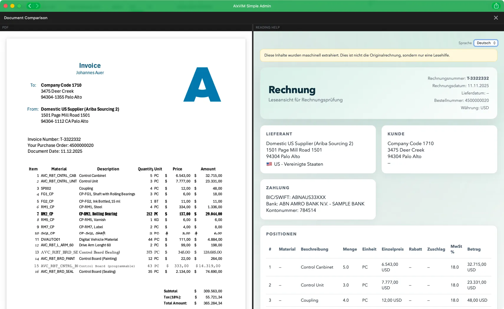 Vista comparativa de AIxVIM: la factura original a la izquierda, la vista de lectura generada automáticamente a la derecha con las 16 posiciones