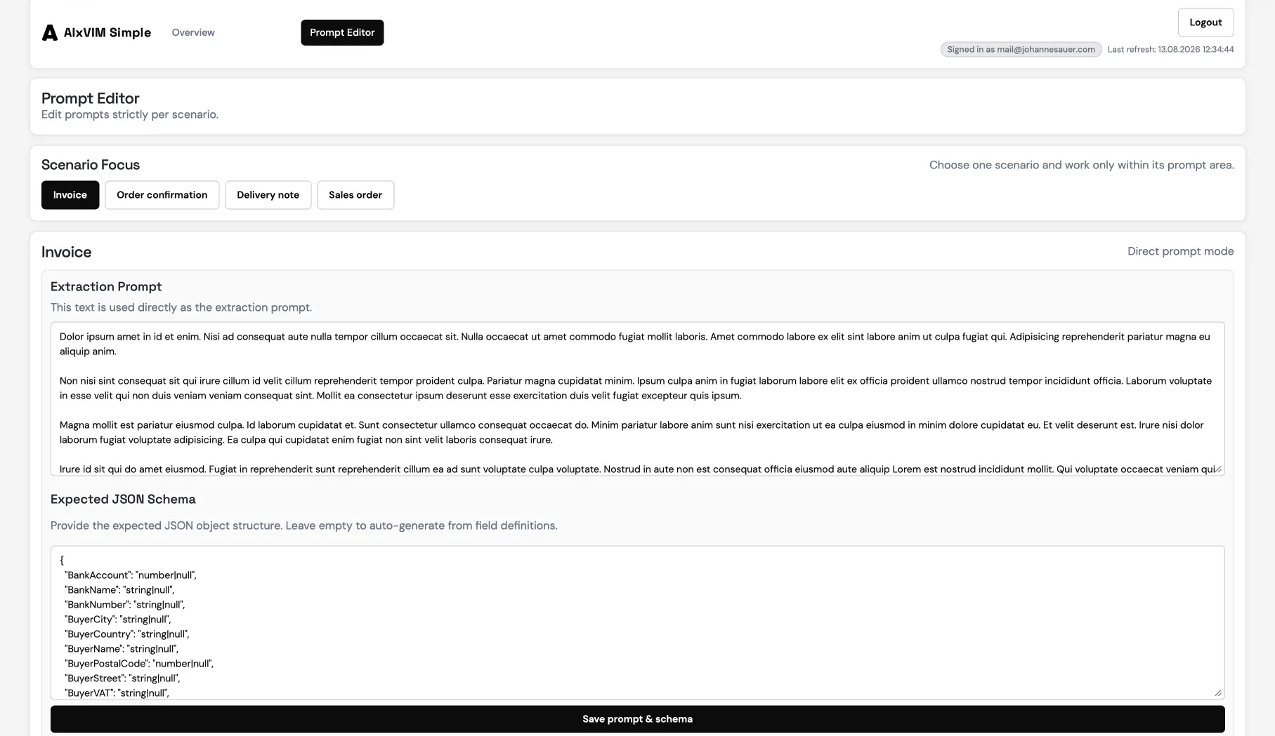 Editor de prompts de AIxVIM: los tipos de documento factura, confirmación de pedido, albarán y pedido de cliente, cada uno con su propio esquema JSON